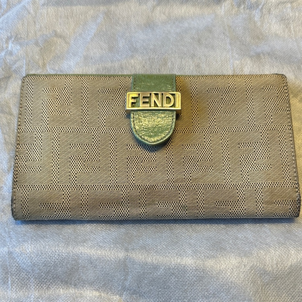 Authentic Vintage Fendi Zucca pattern canvas green with gold leather plaque